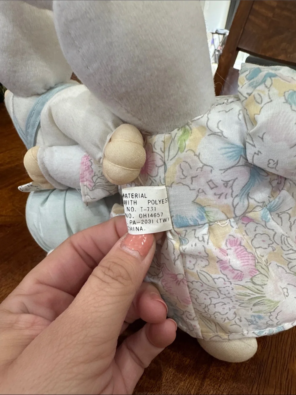 Vintage Pair of Plush Bunny Dolls in Pastel Floral Dress & Light Blue Overalls